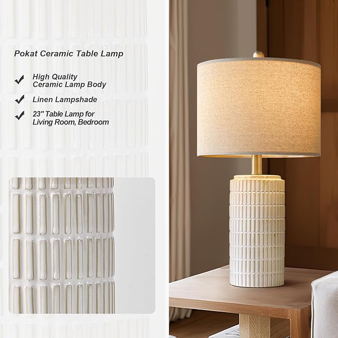 PoKat 23" Modern Ceramic Table Lamp Set of 2 for Living Room, White Desk Lamps for Bedroom
