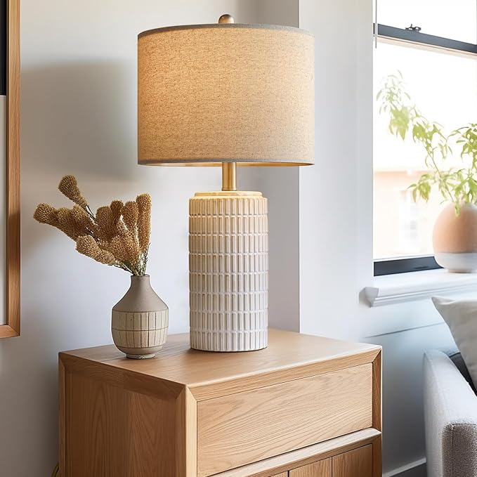 PoKat 23" Modern Ceramic Table Lamp Set of 2 for Living Room, White Desk Lamps for Bedroom